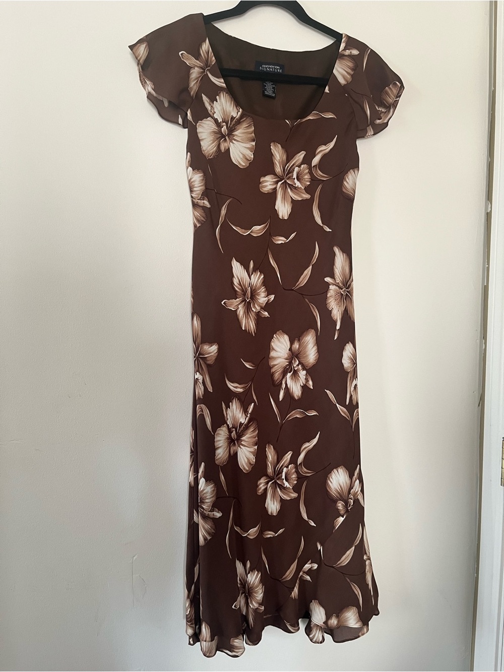 Vintage Jones New York 100% Silk Brown Floral Midi Dress 4 90s Romantic